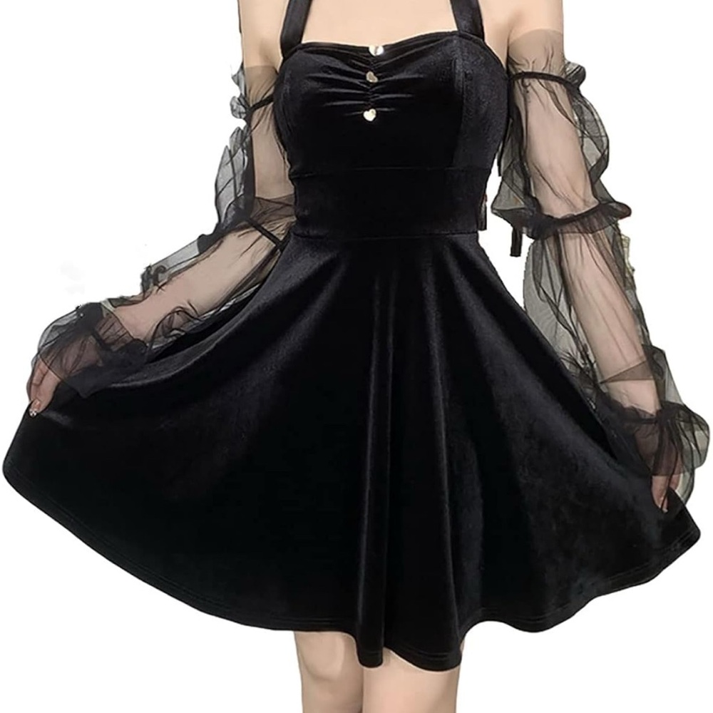 Elegant Black Velvet‎ Dress with Sheer Sleeves